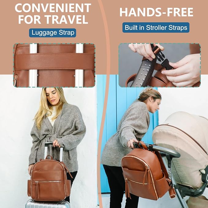 MOMINSIDE Mini Diaper Bag Backpack, Breast Pump Bag, Small Baby Diaper Bag, Leather Mini Diaper Bag, Diaper Bag Organizers, 2 Insulated Pockets, Stroller Strap