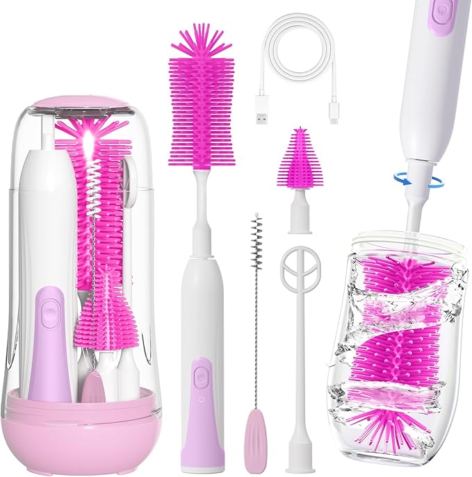 Electric Bottle Brush Cleaner, Portable Baby Bottle Washer, Travel Bottle Cleaner Brush Set with Silicone Bottle & Nipple & Straw Brush(Purple)