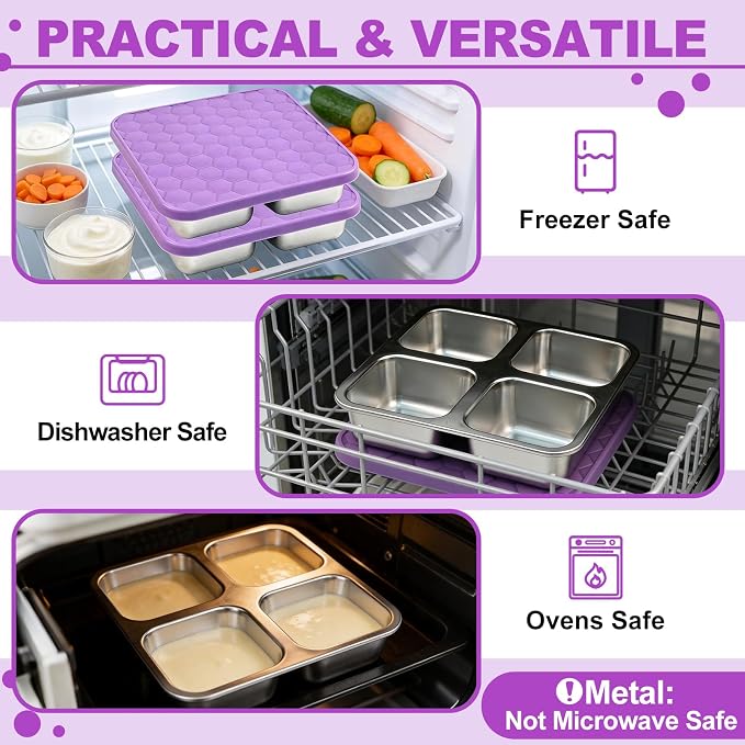 2 Pack Stainless Steel Snack Containers, Reusable 4 Compartment Food Container with Lids, 24 Oz Divided Metal Bento Snack Box for Travel Work, Snack Pack Containers for Portion Control