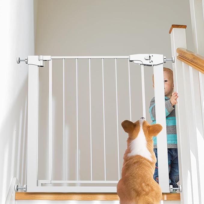 Easy Step Walk-Thru Baby Gate ??Adjustable Safety Gate for Babies & Pets, Pressure Mount Kit, Includes Wall Cups ??29.7-40.5W x 30.5H, Auto-Close White