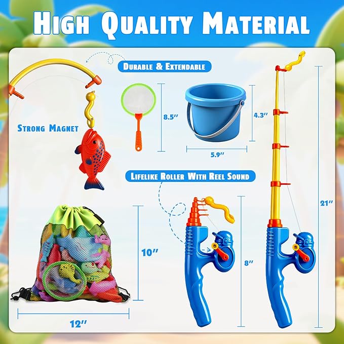 CozyBomB??Magnetic Fishing Toys Game Set for Kids | Water Table Bathtub Kiddie Pool Party Pole Rod Net, Outdoor Plastic Floating Fish, Toddler Bath Color Ocean Sea Animals Easter Gift Age 3-5 6 4-8