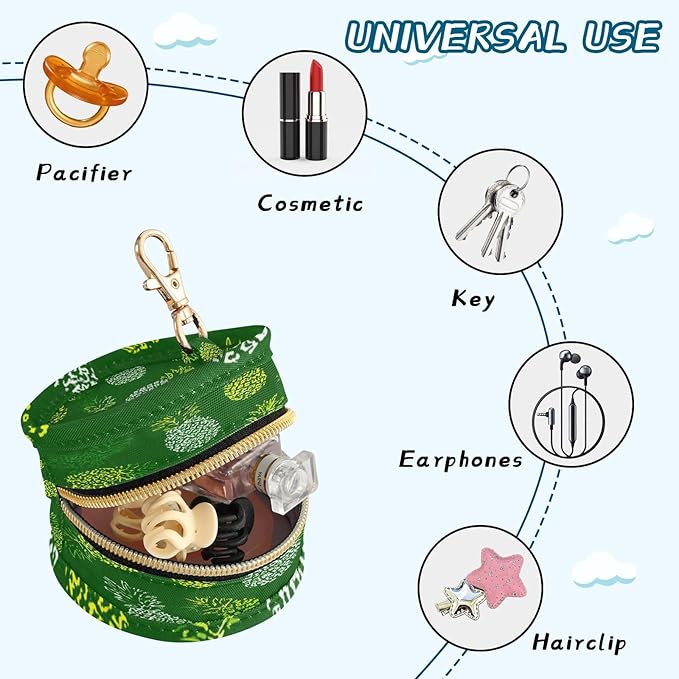 Pacifier Holder with Clip Pacifier Case for Diaper Bag Round Baby Pacifier Pouch Box Bag Portable Green Pineapple