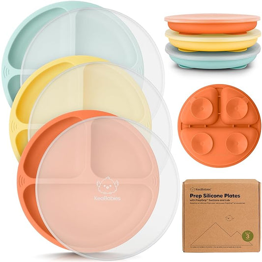 KeaBabies Suction Plates with Lids for Baby - 3-Pack 100% Silicone Toddler Plates with Suction, Divided, BPA-Free Baby Led Weaning Essentials for Kids, Dishwasher, Microwave Safe, Durable (Amaze)