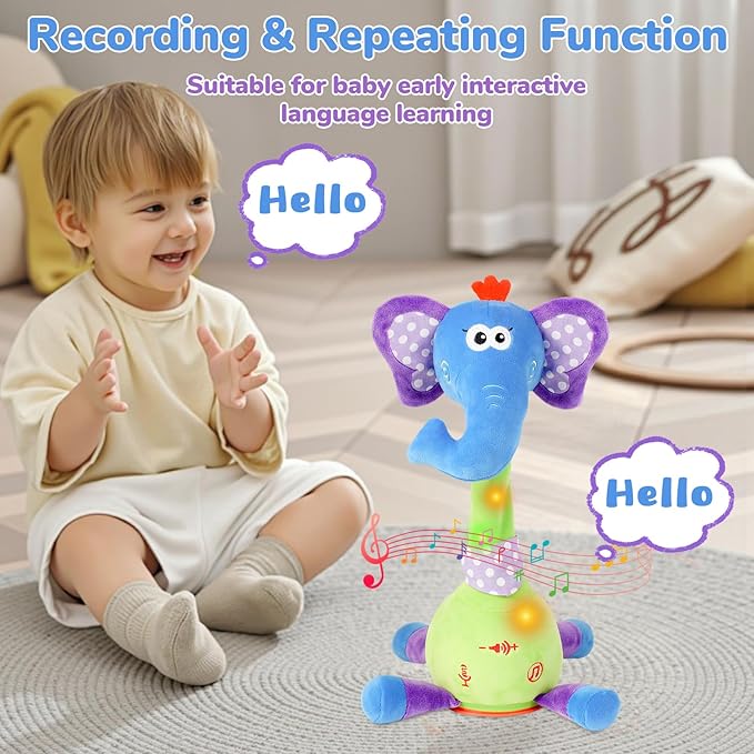 Dancing Talking Elephant Plush Toy, Interactive Mimicking R5ecording Repeating Elephant Stuffed Animal, Singing 10 Children's Songs, Tummy Time Toy for Toddlers 1-3 Years, Forest Birthday Party Gifts