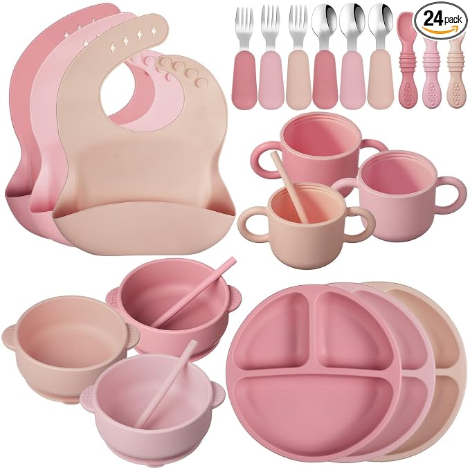 Yinder 24 Pack Silicone Baby Feeding Set Baby Led Weaning Essentials Suction Divided Plate Bowl Spoon Fork Adjustable Bib Snack Cup Straw for 6+ Months(Dark Pink, Dusty Pink, Peach Color)