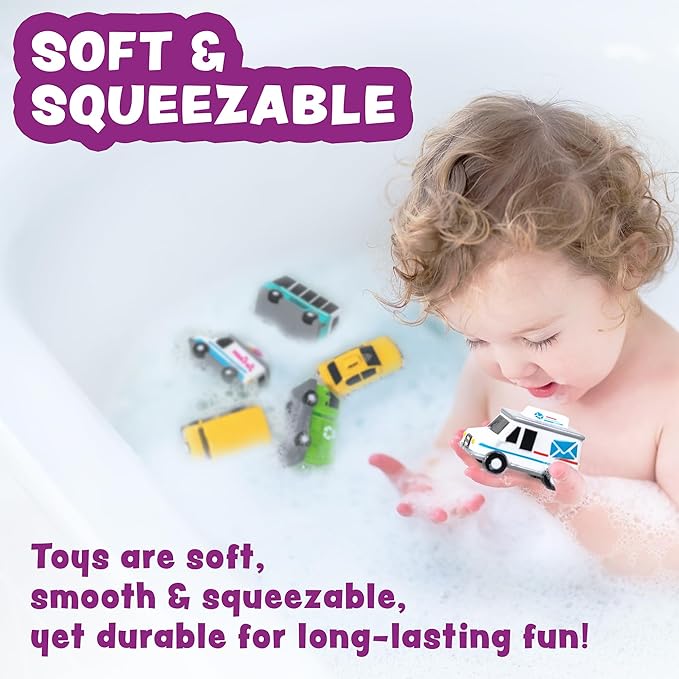 Tub Works® Vehicles??Bath Cars Mold Free Bath Toys, 6 Pack | Sealed, No Hole Bath Toys Design Keeps Moisture Out | Soft, Squeezable & Float on Water | Fun Baby & Toddler Bath Toys | City Car Bath Toys