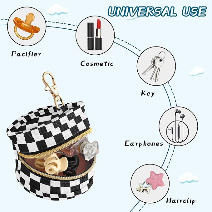 White Black Checkerboard Plaid Pattern Pacifier Holder Case with Clip Portable Pacifier Storage Bag for Girls Boys