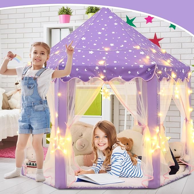 Purple Princess Tent for Girls, Kids Play Tent with LED Large Star Lights, Castle Playhouse Tent for Children Toddlers Indoor Outdoor Games, 55×53 Inches