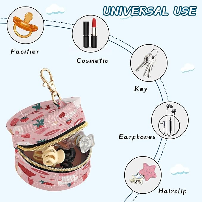 Pacifier Holder with Clip Pacifier Case for Diaper Bag Round Baby Pacifier Pouch Box Bag Portable Valentine Pink Strawberries Hearts Love Letters