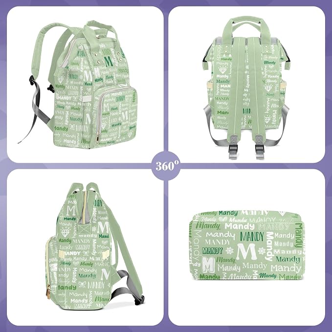 Custom Diaper Bag with Name Personalized Multifunctional Mommy Backpack for Daughter Granddaughter, Green Daypack Bag for Travel