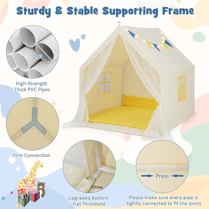 HONEY JOY Kids Tent, Large Kids Play Tent w/Washable Padded Mat, Star Lights, Flags, Windows & Storage Pocket, Indoor Outdoor Toddler Playhouse, 48” x 42” x 50”, Tent for Kids Boys Girls