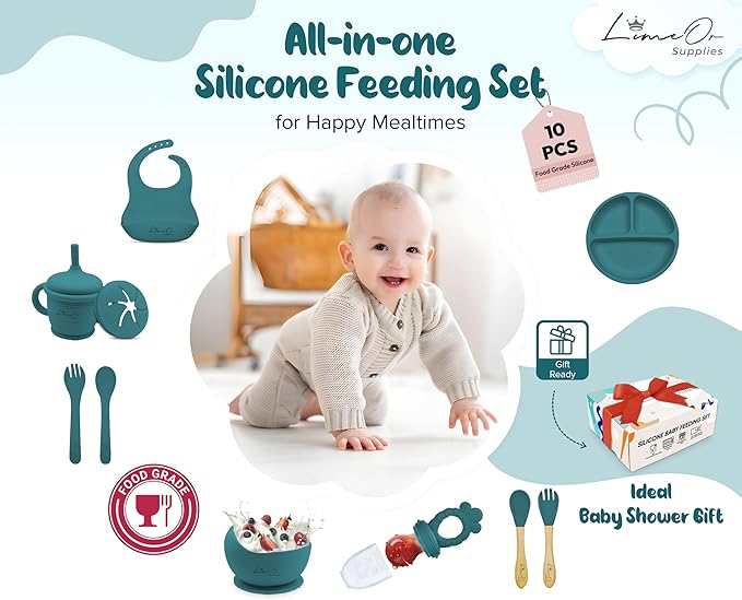 Silicone Baby Feeding Set, 10 Pcs Baby Led Weaning Supplies | BPA-Free Baby Dishes with Toddler Plates and Bowls Set, Silicone Bib, Suction Cup, Baby Spoons & Forks | Empower Independence ??Green