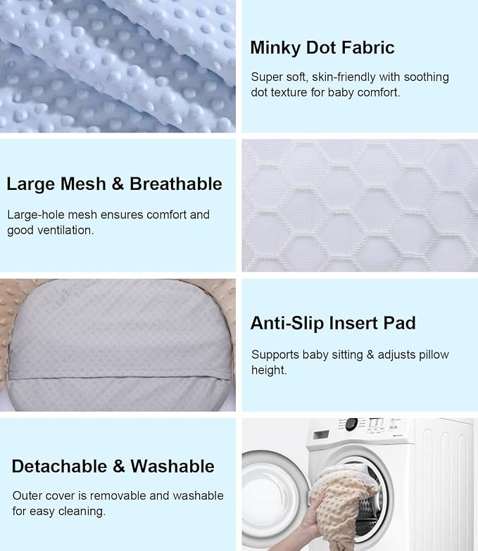 Multifunctional Nursing Pillow, Wider Breastfeeding Pillow with Minky Dot & Breathable Mesh, Anti-Slip Base for Tummy Time & Baby Sitting Support, Removable Soft Cover, Large Opening for Most Body