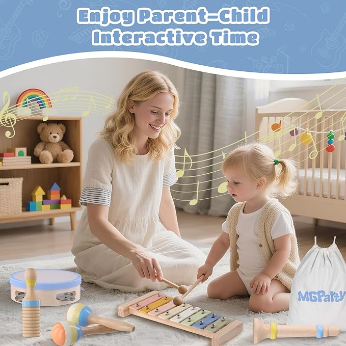 Baby Musical Instruments, Montessori Wooden Musical Toys for Toddlers 1??, Xylophone Tambourine Triangle Maracas, Wooden Baby Instruments, Kids Preschool Educational Toys, Birthday Gift for Boys Girls