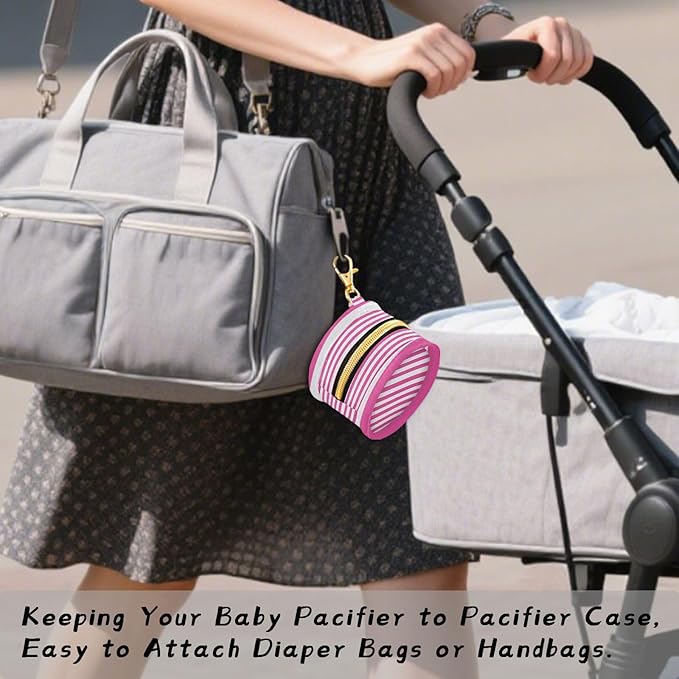 Pacifier Holder with Clip Pacifier Case for Diaper Bag Round Baby Pacifier Pouch Box Bag Portable Hot Pink White Stripes