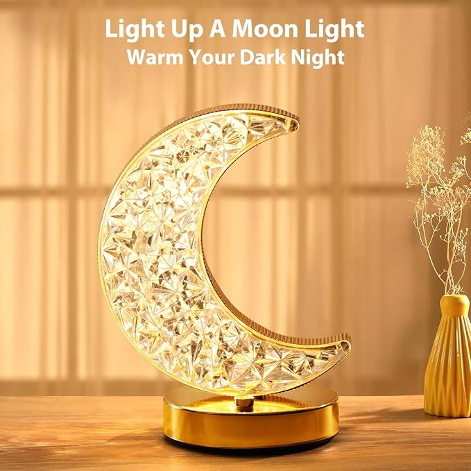 Lewondr Crescent Moon Table Lamp, Stepless Dimmable Touch Lamp with 3 Colors, Rechargeable Night Light with USB Port, Ramadan Moon Light Bedside Lamp for Nightstand Desk Bedroom Living Room Home Decor