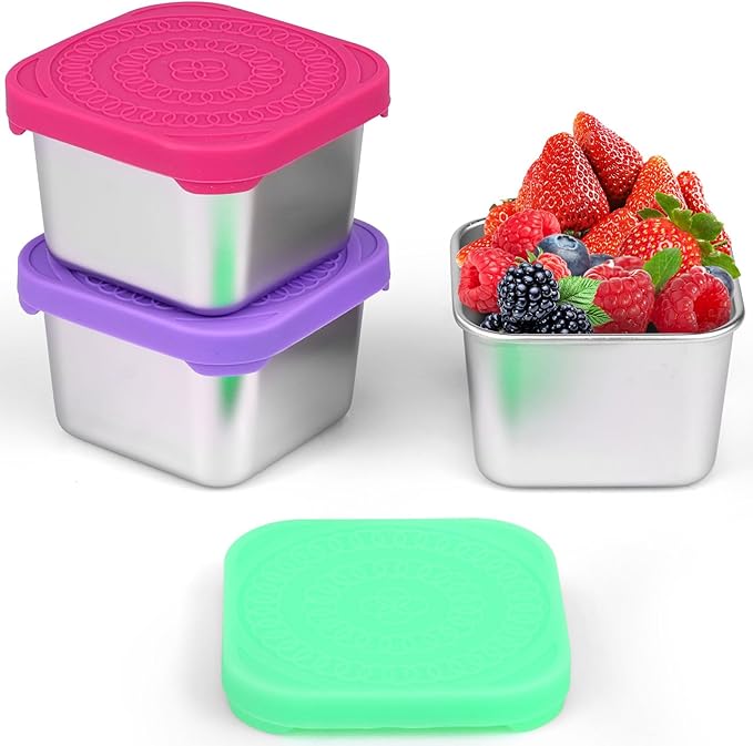 3Pack Stainless Steel Snack Containers 6oz Snack Box Container Leakproof Stainless Steel Snack Cups with Silicone Lids Portable Snack Containers Stackable Freezer Dishwasher Safe for Daycare School