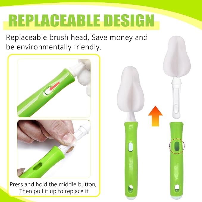 INVODA Nipple Brush 4PCS Sponge Bottle Brushes with 4 PCS Straw Brush Baby Bottle Nipple Cleaner Brush Long Handle Detachable Nipple Brushes (White)