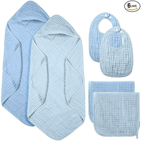 Hahafelt 6 Pcs Muslin Hooded Bath Towels Washcloths and Bibs Set, Muslin Cotton Baby Towels Absorbent Hooded Blanket Towel Infant Bibs for Boys Girls Newborn Infant Essential(Blue, Navy Blue)