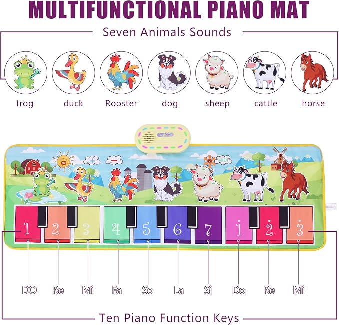 Toddler Toys Farm Animals Piano Mat, Baby Musical Floor Carpet Play mat for Kids,Sensory Educational Learning Dancing Keyboard,Touch Blanket Xmas Christmas Birthday Gift for 1-5 Year Old Girl boy