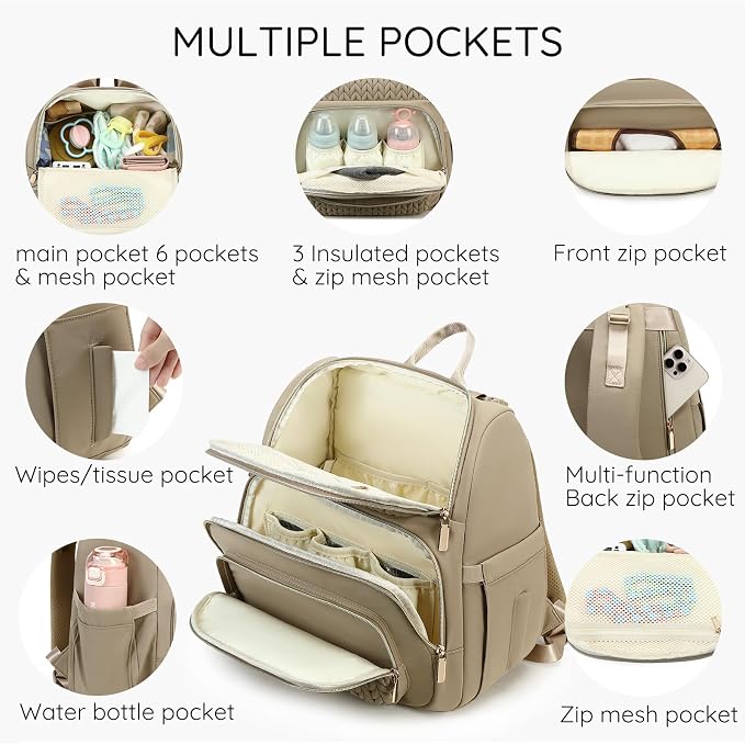 MAPLELILY Diaper Bag Backpack with Changing Pad, Quilted Large Baby Bag for Mom and Dad, Travel Backpack Diaper Bag with Insulated Pockets & Stroller Straps, Hospital Maternity Registry, Brown