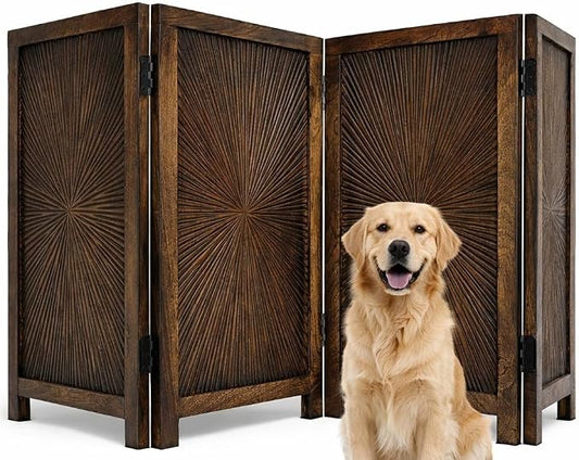 Pet Gate Indoor Foldable in Raise Wood-4 Panel Dog Safety Gate, 56" W x 28" H, Hand-Carved Solid Wood & MDF,Free Standing Portable Indoor Gate for Doorways, Halls, Stairs- Fully Assembled, Burnt