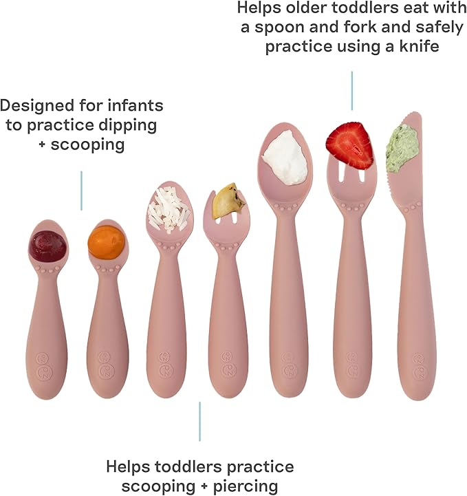 ezpz Developmental Utensil Set (Blush) - 100% BPA Free Fork, Spoon, Knife for Babies, Toddlers and Preschool - First Foods + Self-Feeding - Designed by a Pediatric Feeding Specialist