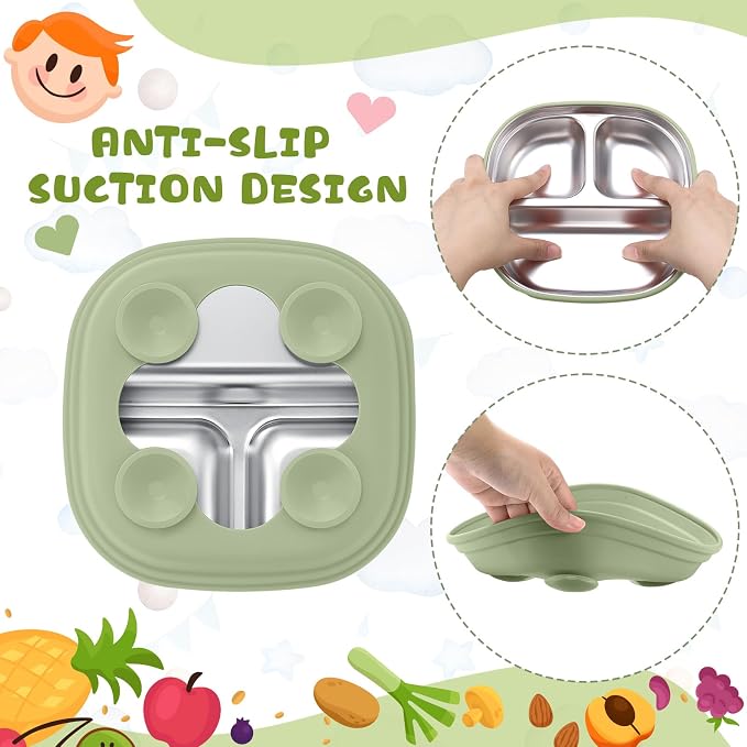Geiserailie Square Stainless Steel Toddler Plates with Suction – 7.68” Divided Plates with Removable BPA-Free Silicone Sleeves, Unbreakable Baby Feeding Dishes Set of 4 (Pink,Green,Purple,Blue)