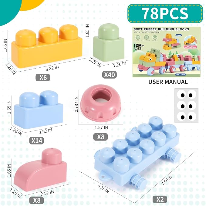 Mega Blocks for Toddlers 1-3 Big Soft Building Blocks 78 Pcs Large Construction Stacking Block Toys Toddler Building Sets Improve Imagination Creativity Hands-on Ability