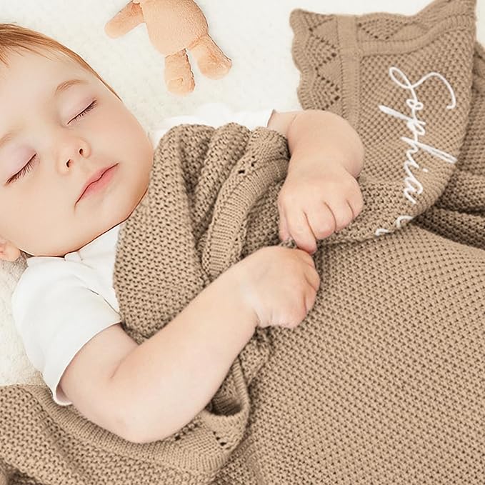 WNNNS Personalized Baby Blanket 100% Cotton Embroidered Name Knit Blanket Custom Baby Blanket for Boys Girls Customized Baby Gift for Christmas Baby Shower for Newborn Toddler Stroller Blanket
