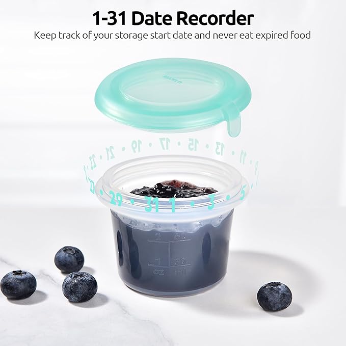 U-Taste 2oz Silicone Food Container: Mini Kitchen Storage with Airtight Lid, Freezer & Microwave Safe, Dip Box with Date Marking Circle, Clear Round Stackable for Sauce, Dressing, Condiment -Aqua Sky