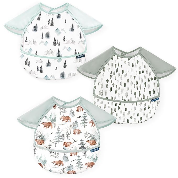 GRSSDER 3-pack Mess Proof Baby Feeding Bibs with Food Catcher Pocket, Soft Lightweight Waterproof Fabric Material with Zero Plastic-like Feel, Adjustable and Easy Clean Toddler Bibs for 6-36 Months