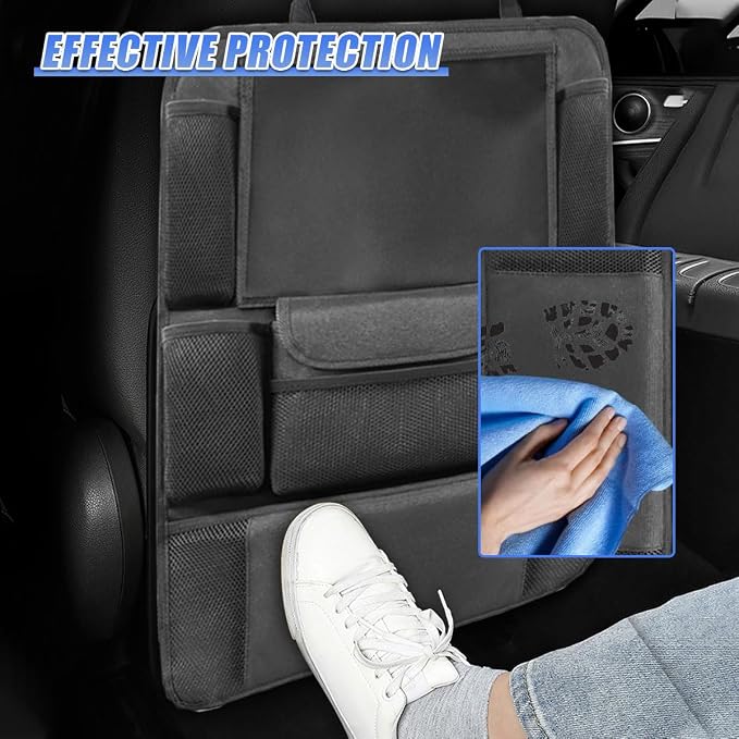 Car Backseat Organizer, Large Capacity Waterproof Auto Back Seat Kick Mats Protector with 12" Touch Screen Tablet Holder, Easy to Clean Car Front Seat Storage Pocket for Road Trip (1PC)