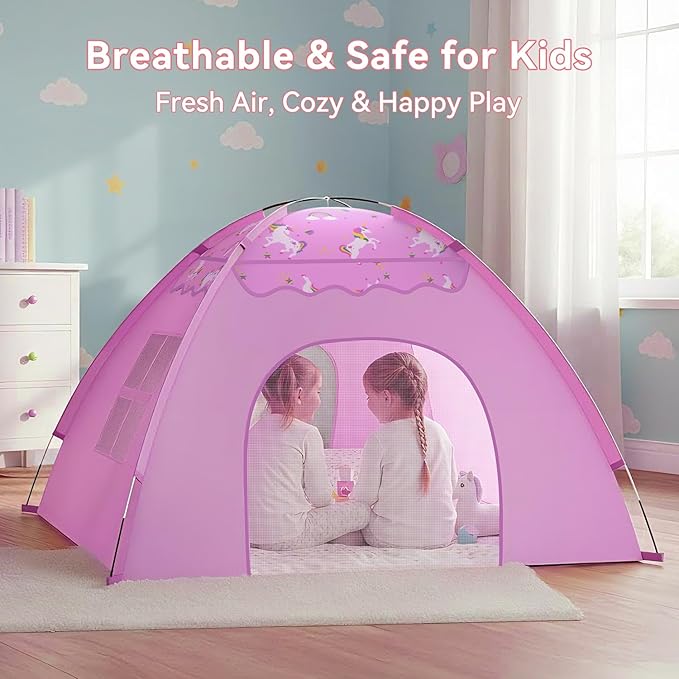 AFUNX Unicorn Play Tent for Girls Ages 4??, Extra Large Kids Indoor Play Tent 70" L x 45" W x 43" H, Lavender Pink Foldable Tent with Rainbow & Unicorn Print, Easy Setup, Fits 2?? Kids