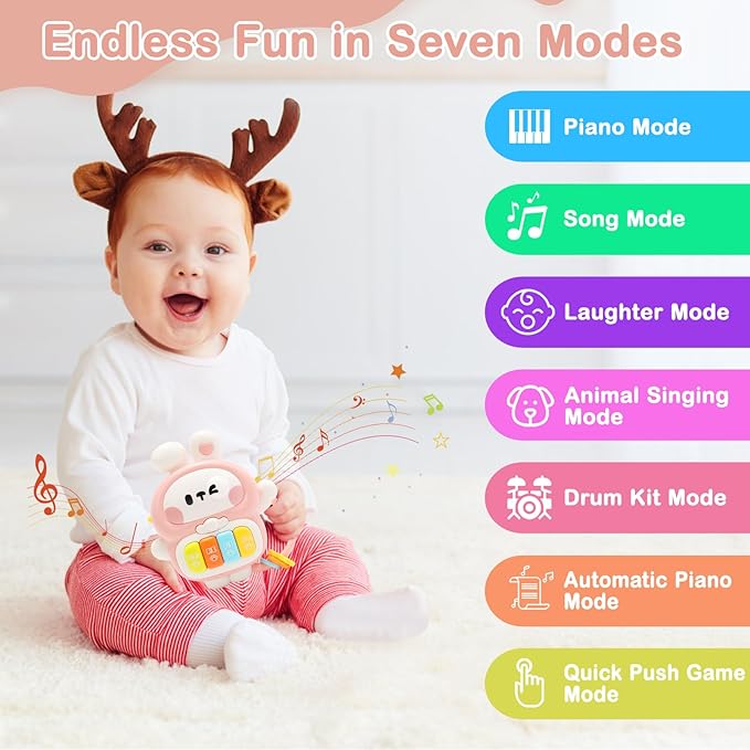 Baby Musical Toys 6-12 Months, Rabbit Piano for Baby Musical Toys for Toddlers 1-3, Busy Board with Music & Light, Birthday Toy for Infant Toddler 1 Year Old Boy Girl Gifts (Pink)