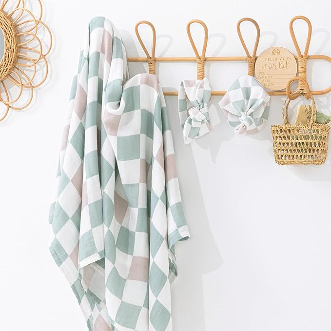 BabyWhale Muslin Swaddle Blanket with Hat and Headband Bow, Checkered Print Swaddle Set for Baby Boys ï¼?Girls, Unisex Soft Receiving Blanket Wrap, Green Grey Checkered, 47x47 inches