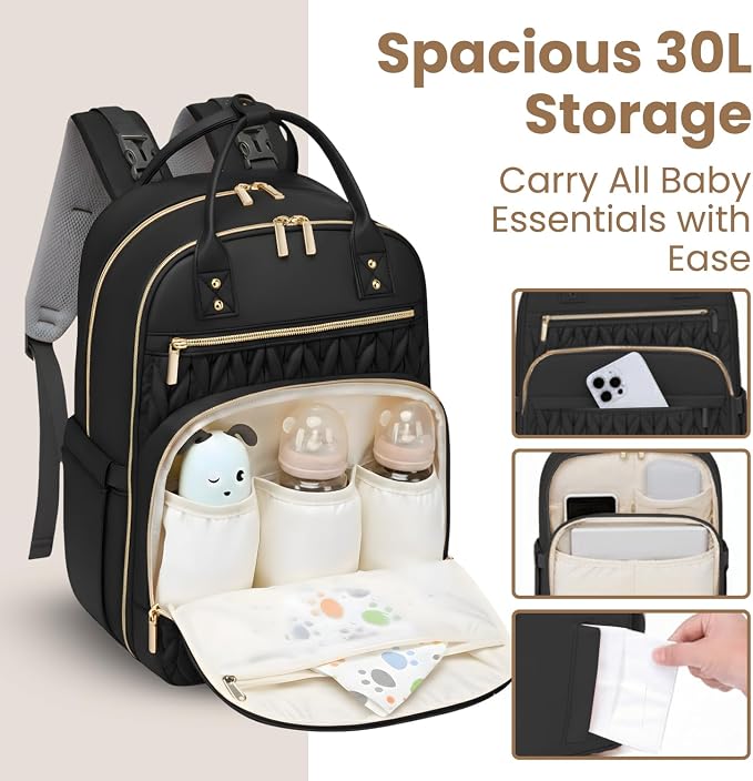 Jubily Diaper Bag Backpack, 30L Travel Backpack for Women, Waterproof Bag with 5 Compartments, 20 Pockets, Laptop & iPad Slots, Portable Changing Pad, Baby Essentials Organizer (Black)