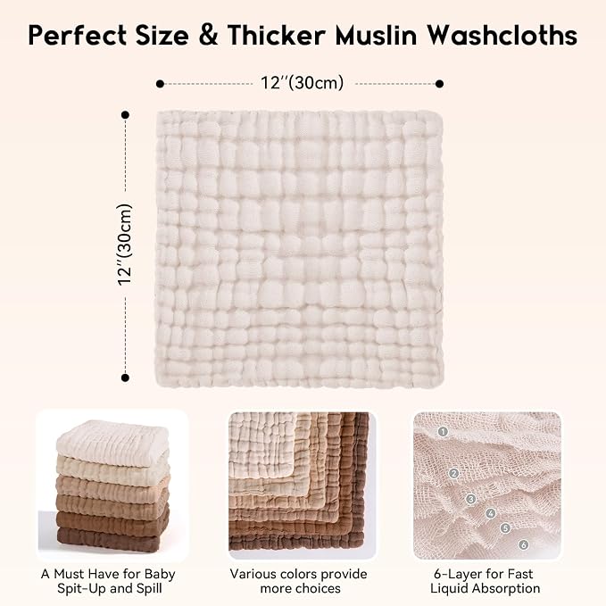 Unnivoll Muslin Burp Cloths Baby 12''X12'', Baby Washcloths 6 Pack, 100% Cotton Baby Wash Cloths Absorbent and Soft for Newborn Infants Kids Boys Girls - Gradient Brown