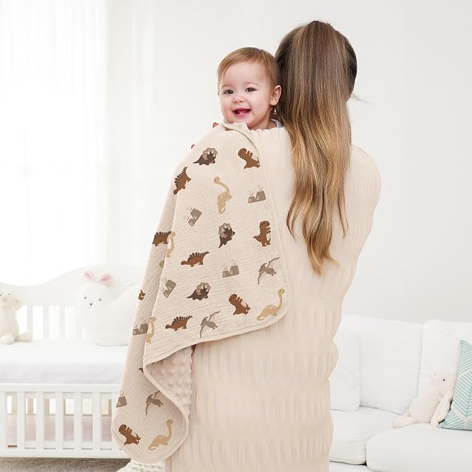 Susurration Baby Blanket for Unisex Boys Girls, 2 Pack Soft Fluffy Crib Blankets with Muslin Cotton Front and Dotted Fleece Back, Receiving Blanket for Baby Newborn Infant, 30x40inch, Dinosaur&Cream