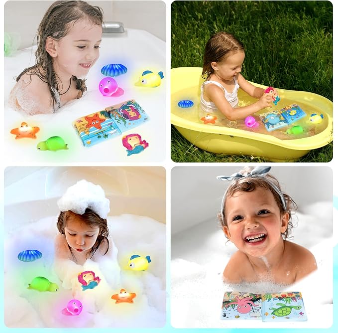 Light Up Bath Toys for Toddlers Kids Girls Baby, No Hole Glow Bath Toys with Bath Book & Organizer, Led Light Bath Time Water Toys for Bath Tubs Bathrooms Pool, Gift for Toddlers Girls Infants