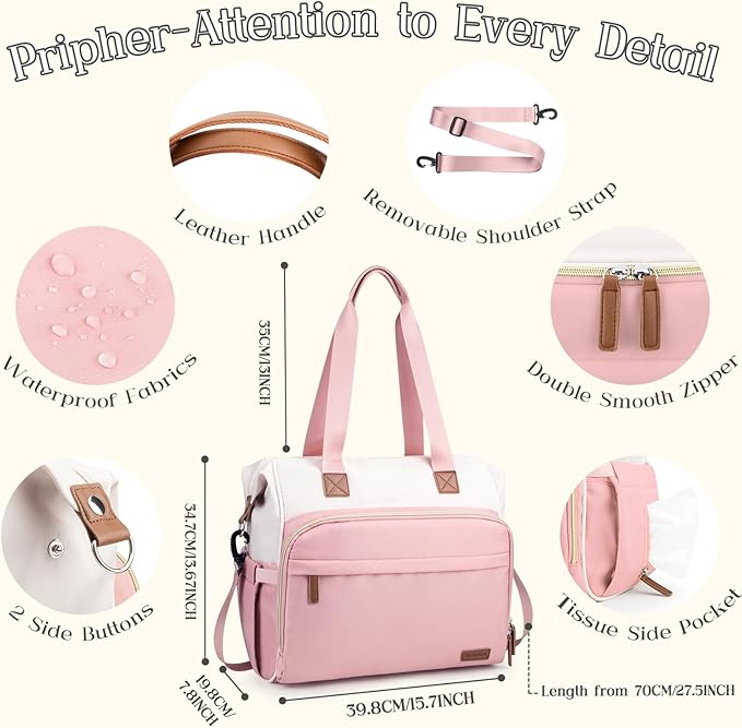 Pripher Diaper Bag Backpack Mommy Bag Large Capacity Diaper Backpack Travel Essential Baby Diaper Bag for Mom and Dad, Pink & Beige