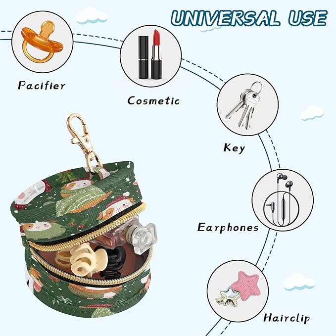 Pacifier Holder with Clip Pacifier Case for Diaper Bag Round Baby Pacifier Pouch Box Bag Portable Green Christmas Guinea Pigs Holly Fruit
