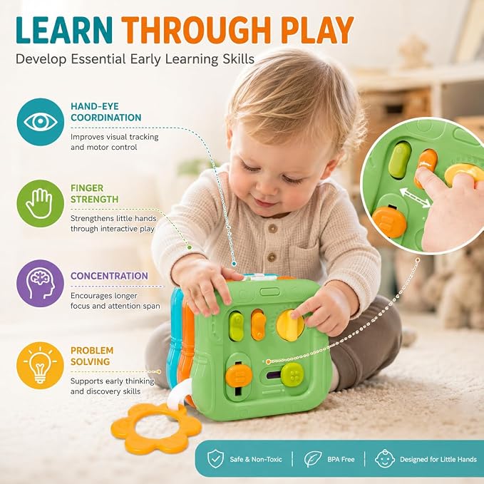 6-in-1 Montessori Busy Board for Toddlers 1-3, Sensory Activity Board with Fine Motor Skills Toys, Portable Travel Toy, Educational Learning Toy for Boys and Girls Ages 1-3