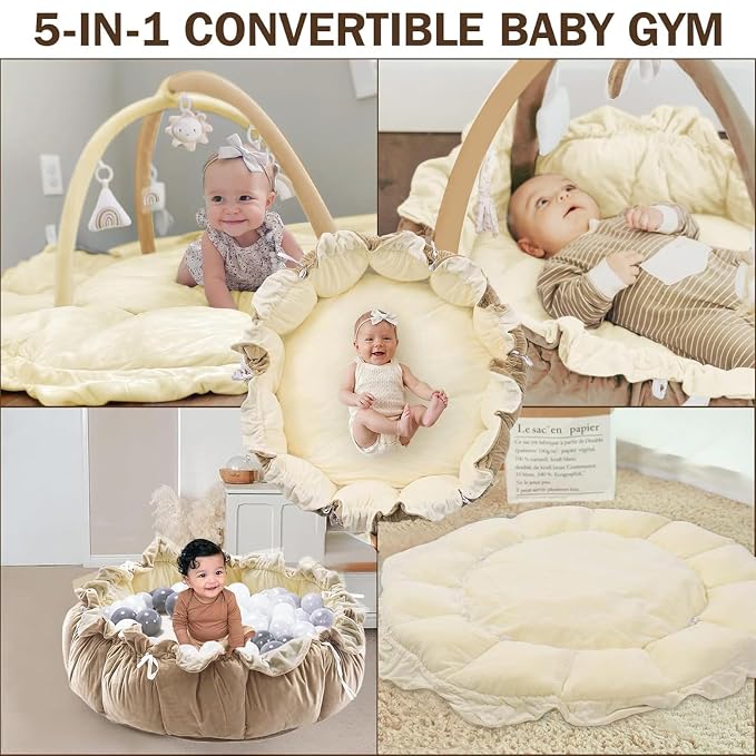 Little Dove 5-in-1 Convertible Baby Play Gym with 6 Toys, Tummy Time Mat for Sensory Development, Baby Activity Center for Newborn & Toddler, Ball Pit, Soft Pet Mat, No Ball Included Cream