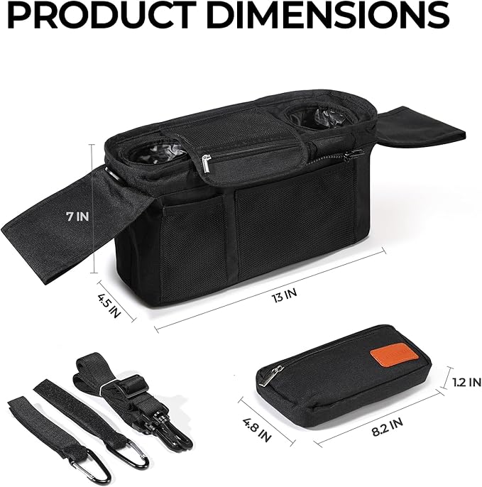 Universal Stroller Organizer with Insulated Cup Holder and Removable Wrist Strap Large Capacity Stroller Organizer for Mom, Baby Joggers, Uppaby, Britax, BOB, Umbrella and Pet Stroller (Black)