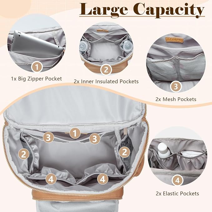 Diaper Bag Backpack, Neoprene Bag Backpack, Large Diaper Backpack with 16 Diaper Bag Organizers, 4 Insulated Pockets, Lighweight Travel Baby Bag with Changing Pad for Mom & Dad, Brown