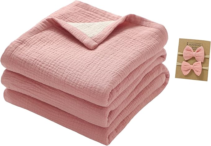 4 Layers Muslin Baby Blankets for Girls,100% Cotton Muslin Toddler Blanket,Crib Blanket,Muslin Swaddle Blankets,Soft and Lightweight Baby Quilt for Boys and Girls 47 * 47" (Pink+Khaki)