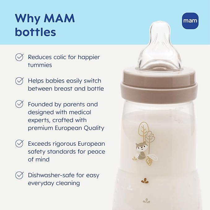MAM 9oz Easy Start Anti-Colic Wide Neck Vented Baby Bottle, Medium Flow Breastfeeding-Like Nipple, Reduces Colic Gas & Reflux, Easy to Clean, BPA Free, 2+ Months, Made in Europe, 2 Pack, Unisex