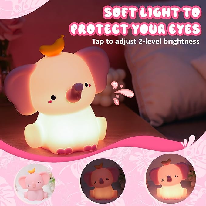 Ammonite Pink Elephant Night Light, Soft Silicone Elephant Nursery Lamp with 2 Dimming Levels and 20-Minute Timer, Touch Control Nightlight for Bedroom Decor, Christmas Birthday Gift
