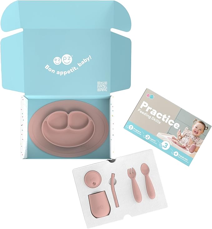 ezpz Kit 3: Practice Feeding Skills (Blush) - Tools to Help Your Toddler Practice Scooping, Piercing, Straw Drinking, and Self-Feeding - Toddler Essentials & Gifts